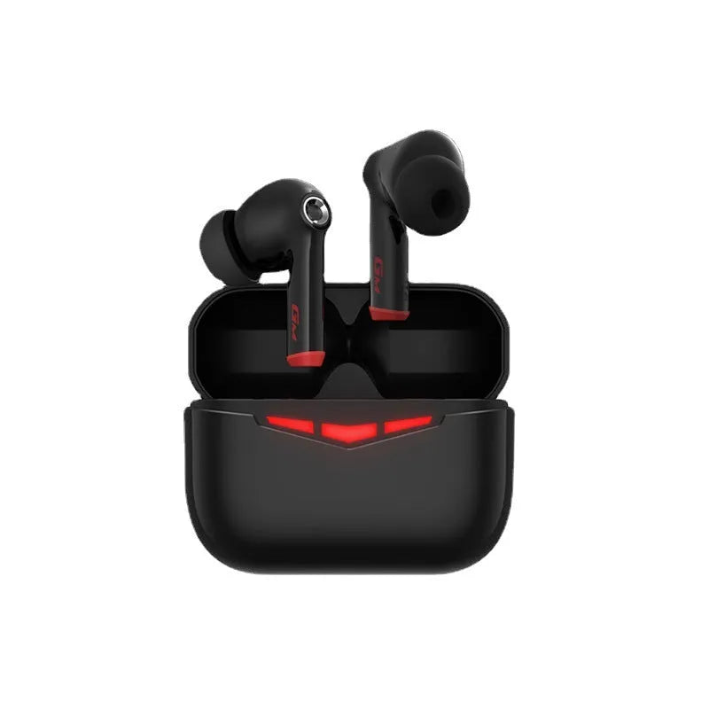 True wireless gaming Bluetooth headset with black earpieces, charging case, and three sizes of silicone earmuffs displayed