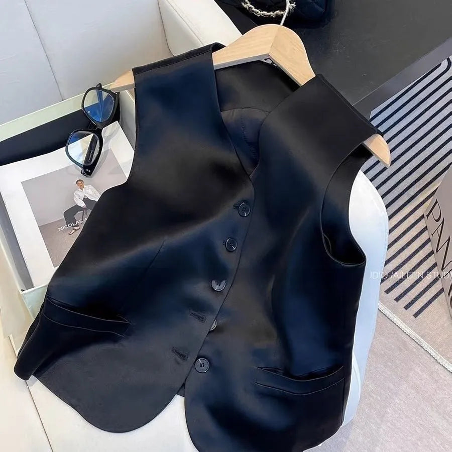 Black satin sleeveless vest for women on a hanger, showing loose fit and splicing detail.