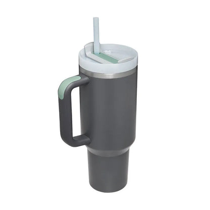 40 oz stainless steel insulated tumbler with handle and straw in tapered mug design
