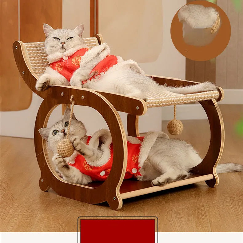Solid wood cat bed with sisal scratching surface measuring 45cm by 30cm in walnut colour finish