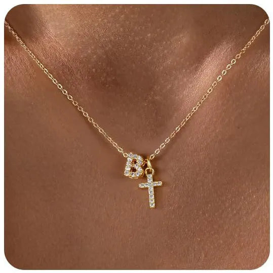 A-Z zircon inlaid letter necklace on a copper regular chain with electroplated finish