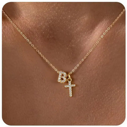A-Z zircon inlaid letter necklace on a copper regular chain with electroplated finish