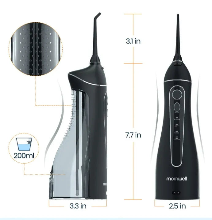 Black ProOral Mornwell portable oral irrigator water flosser with nozzle.