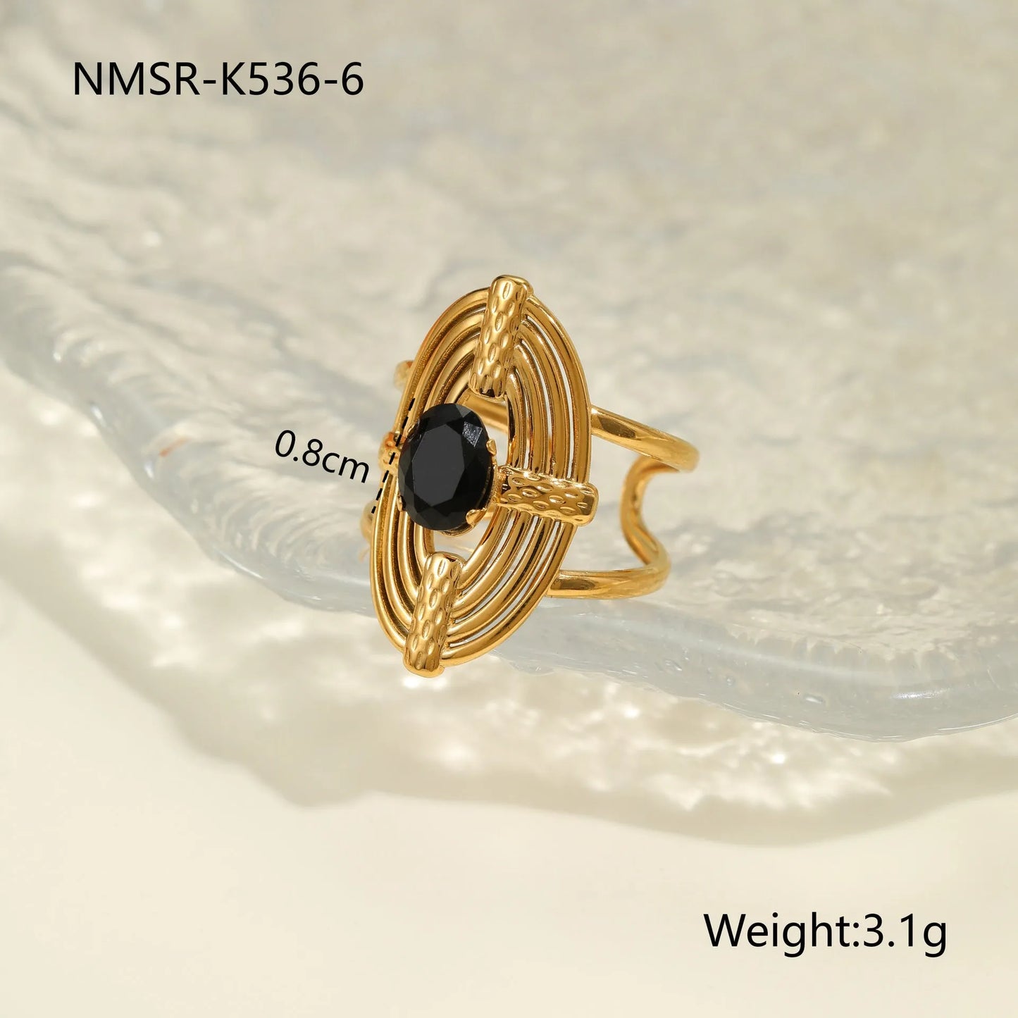 Titanium steel open mouth ring with geometric design and inlaid zircon stones for women