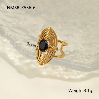 Titanium steel open mouth ring with geometric design and inlaid zircon stones for women