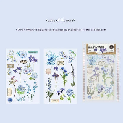 Forest label sticker material pack showing transfer paper and cotton linen sheets with nature designs in 85x180mm size