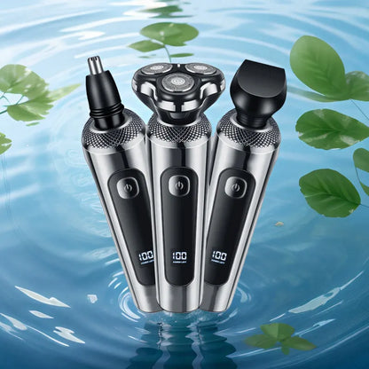 USB rechargeable beard trimmer with digital display and floating cutter head on five-in-one base bracket