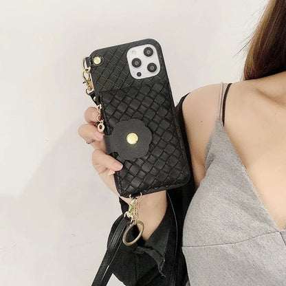 Braided lanyard iPhone case with coin purse in black or green, PU and TPU back cover, handmade