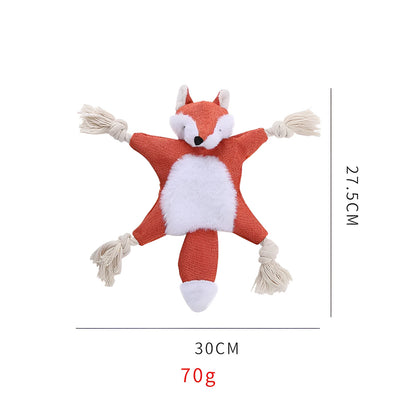 Brown stuffless fox plush dog toy with cotton rope limbs and embroidered eyes