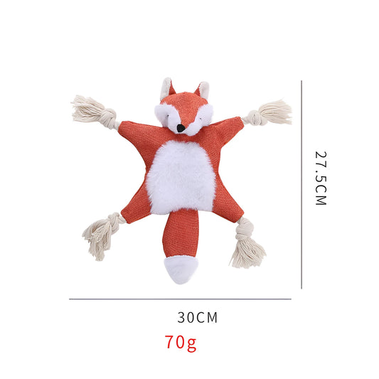 Brown stuffless fox plush dog toy with cotton rope limbs and embroidered eyes