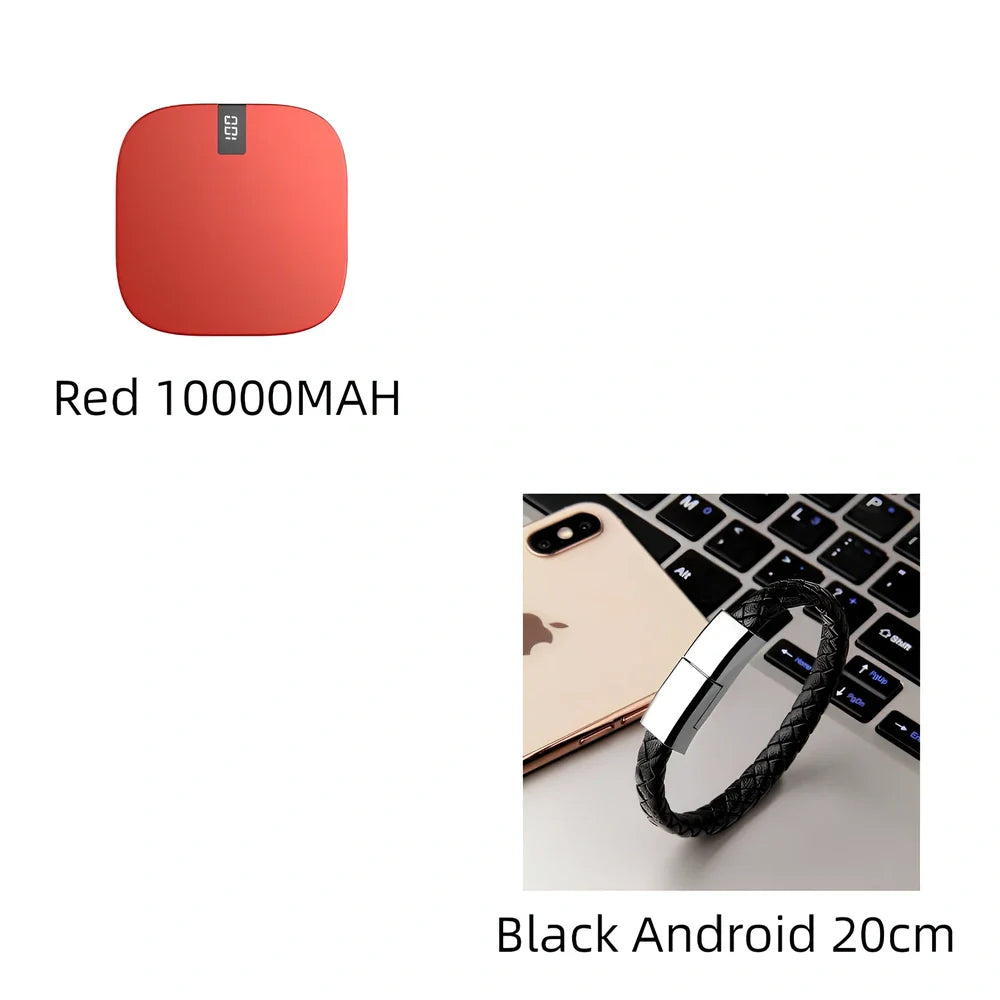 Red 10000 mAh mini power bank with digital display showing battery percentage, measuring 90x64x24mm