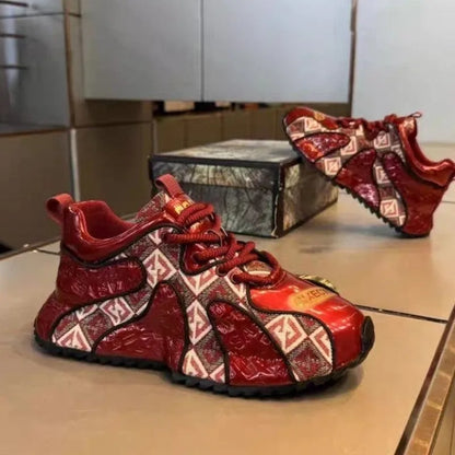 Men's embroidery stitch platform casual shoes in scarlet colour with round toe and lace-up front