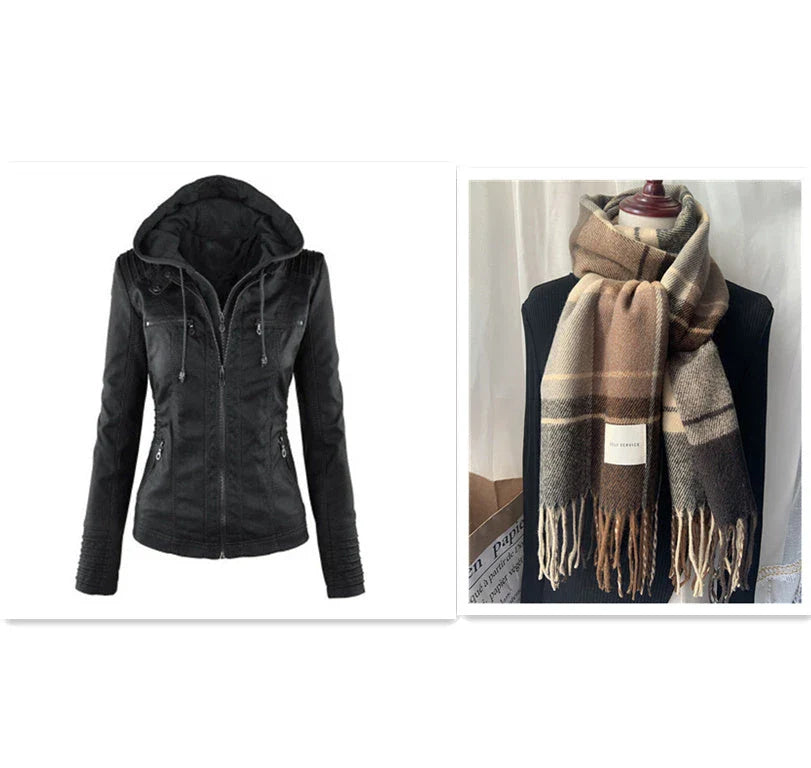 A fashionable hooded leather jacket with pockets, available in various colors and sizes for women's casual outerwear.