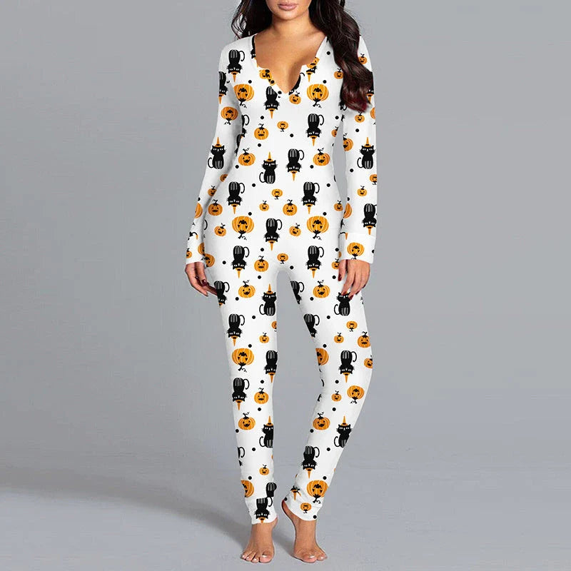 Spooktacular Halloween jumpsuit with unique printed design and relaxed, comfortable fit
