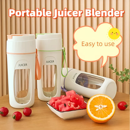 USB rechargeable portable juicer cup with glass liner in grass green, light purple, or fresh orange.