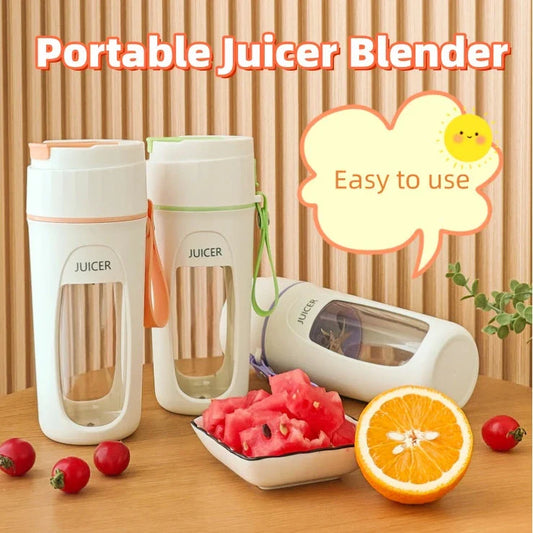 USB-rechargeable portable blender with borosilicate glass container, available in grass green, light purple, and fresh orange colors