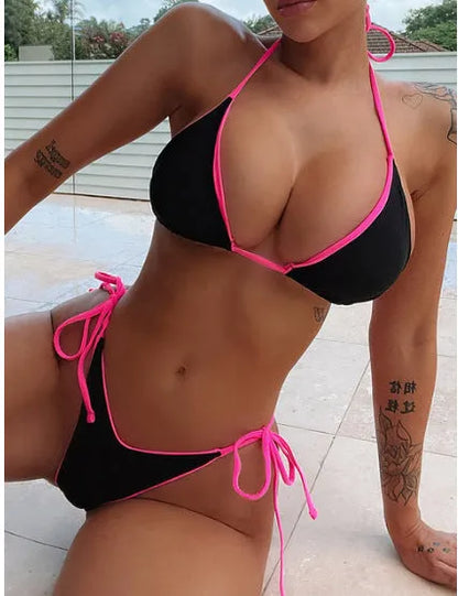 Women's lace-up triangle split bikini set in polyester fabric with multiple colour style options