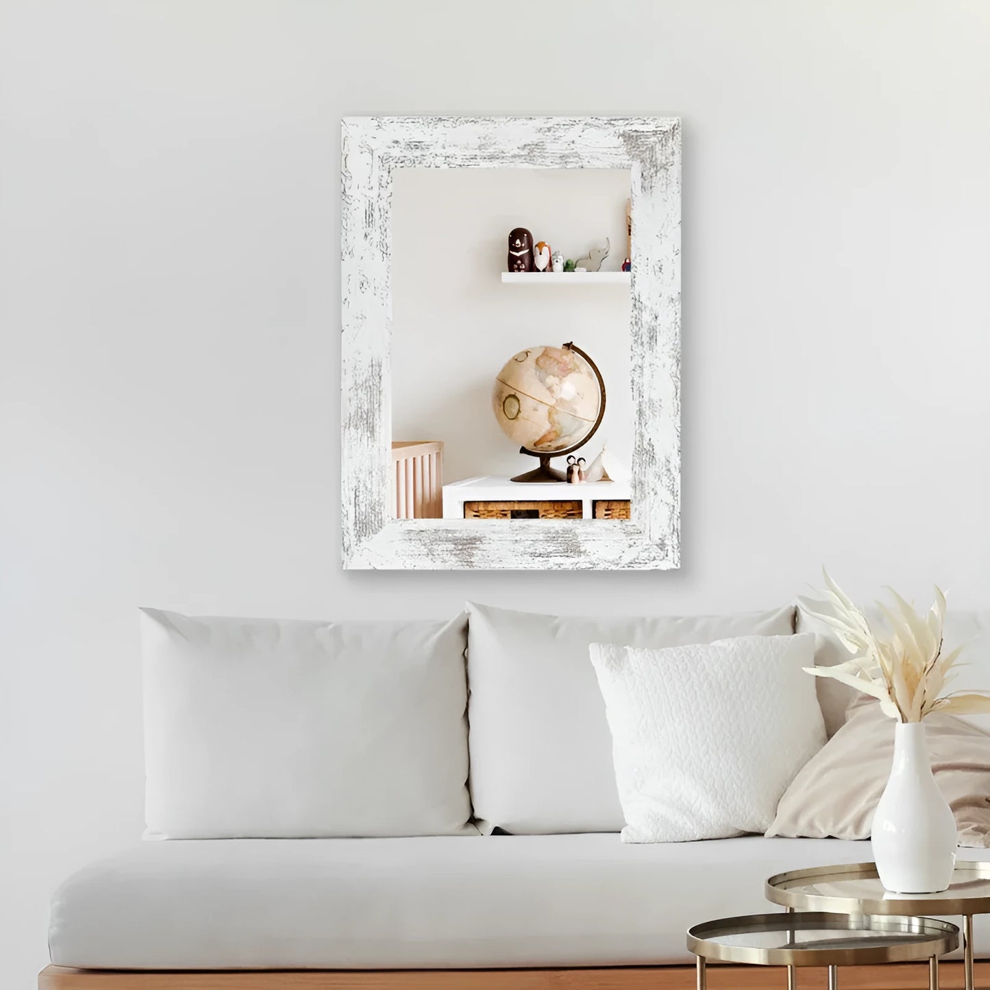 Wall-mounted modern pastoral style mirror with a little white MDF frame.