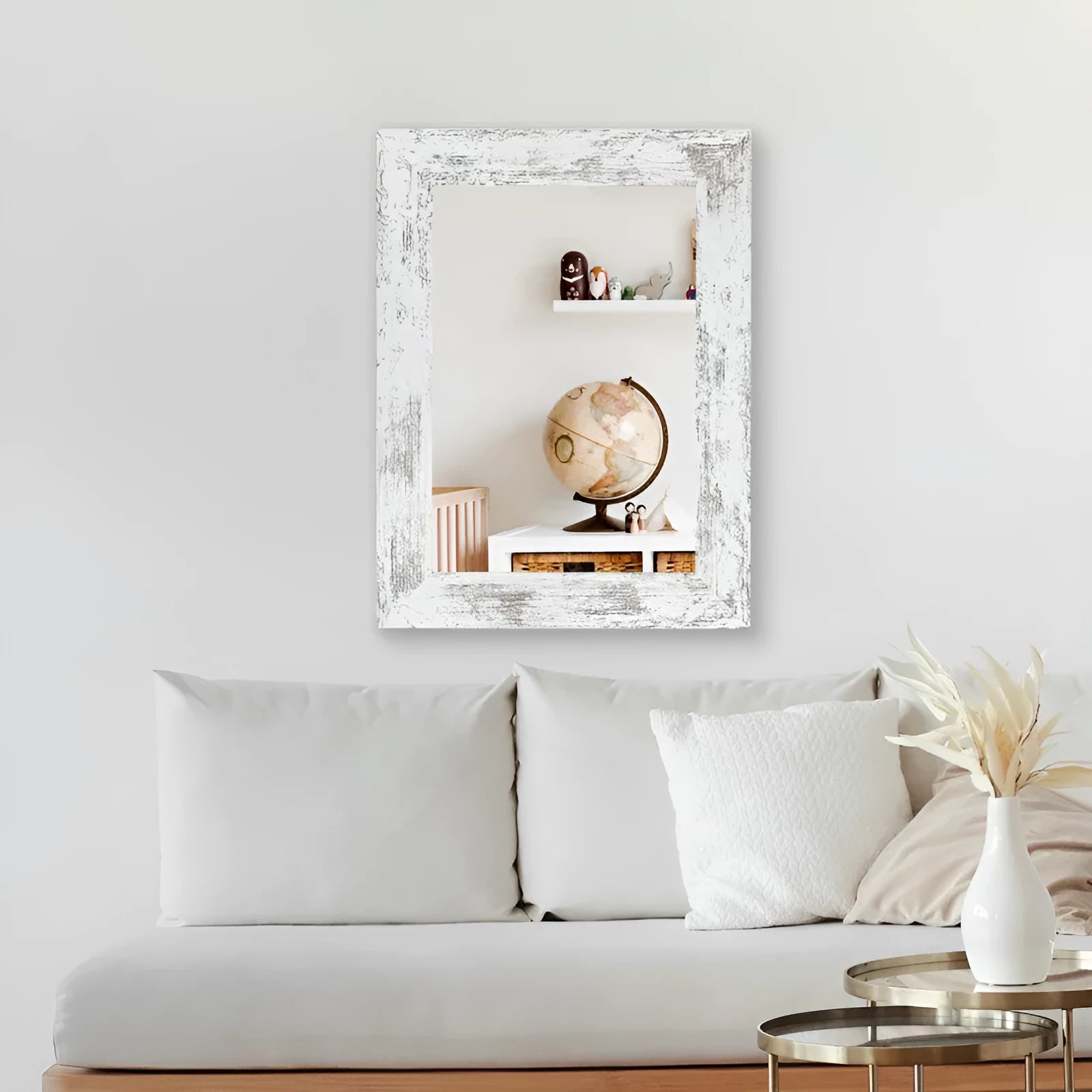 Wall-mounted modern pastoral style mirror with a little white MDF frame.