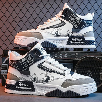 Men's beige white blue high-top board shoes with lace-up front and rubber soles