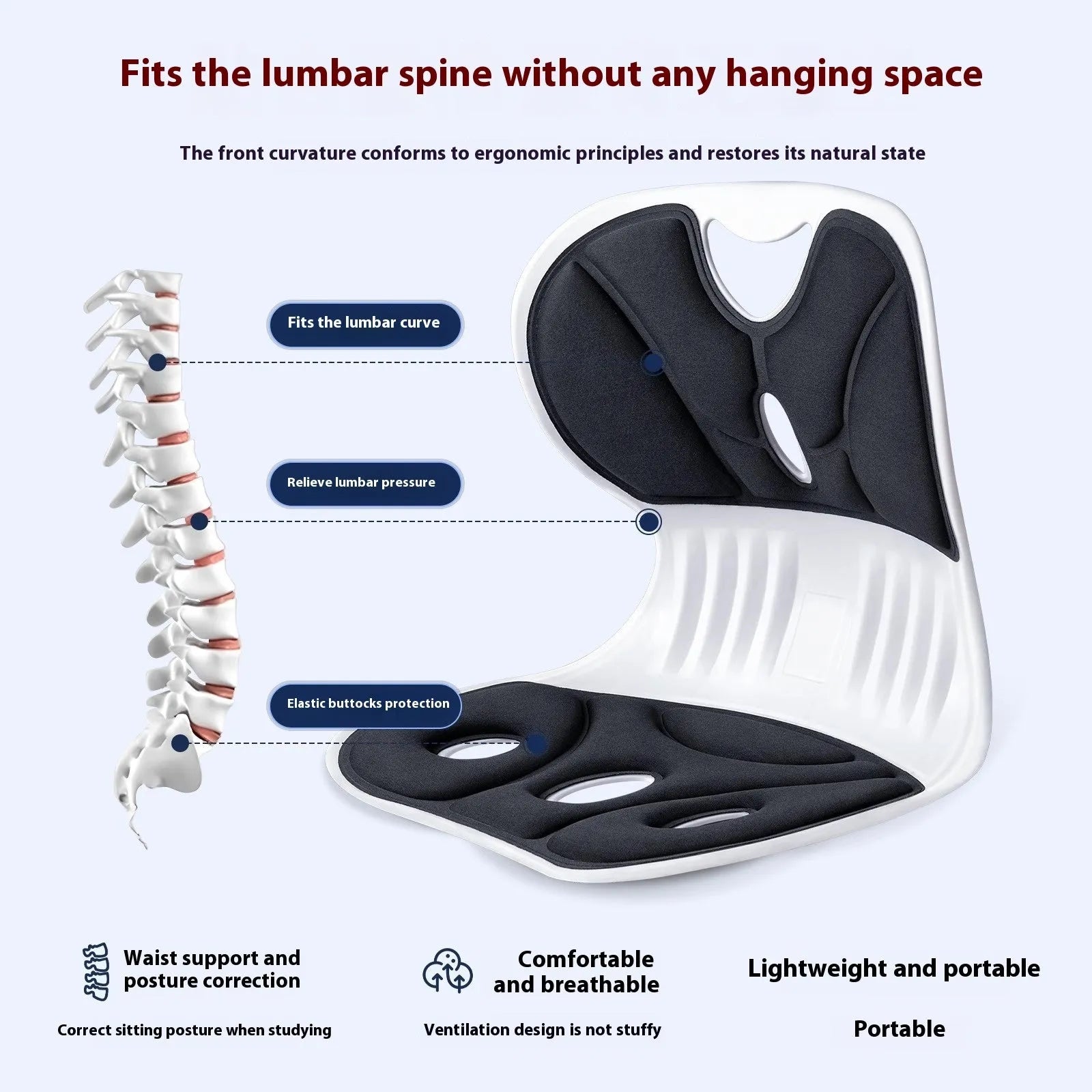 Grey lumbar support cushion on office chair showing 5cm thickness and ergonomic curve for lower back