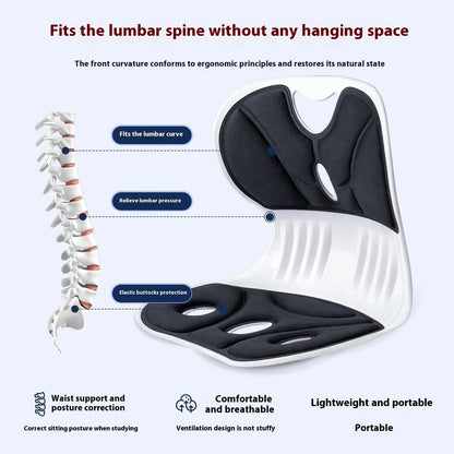 Grey lumbar support cushion on office chair showing 5cm thickness and ergonomic curve for lower back