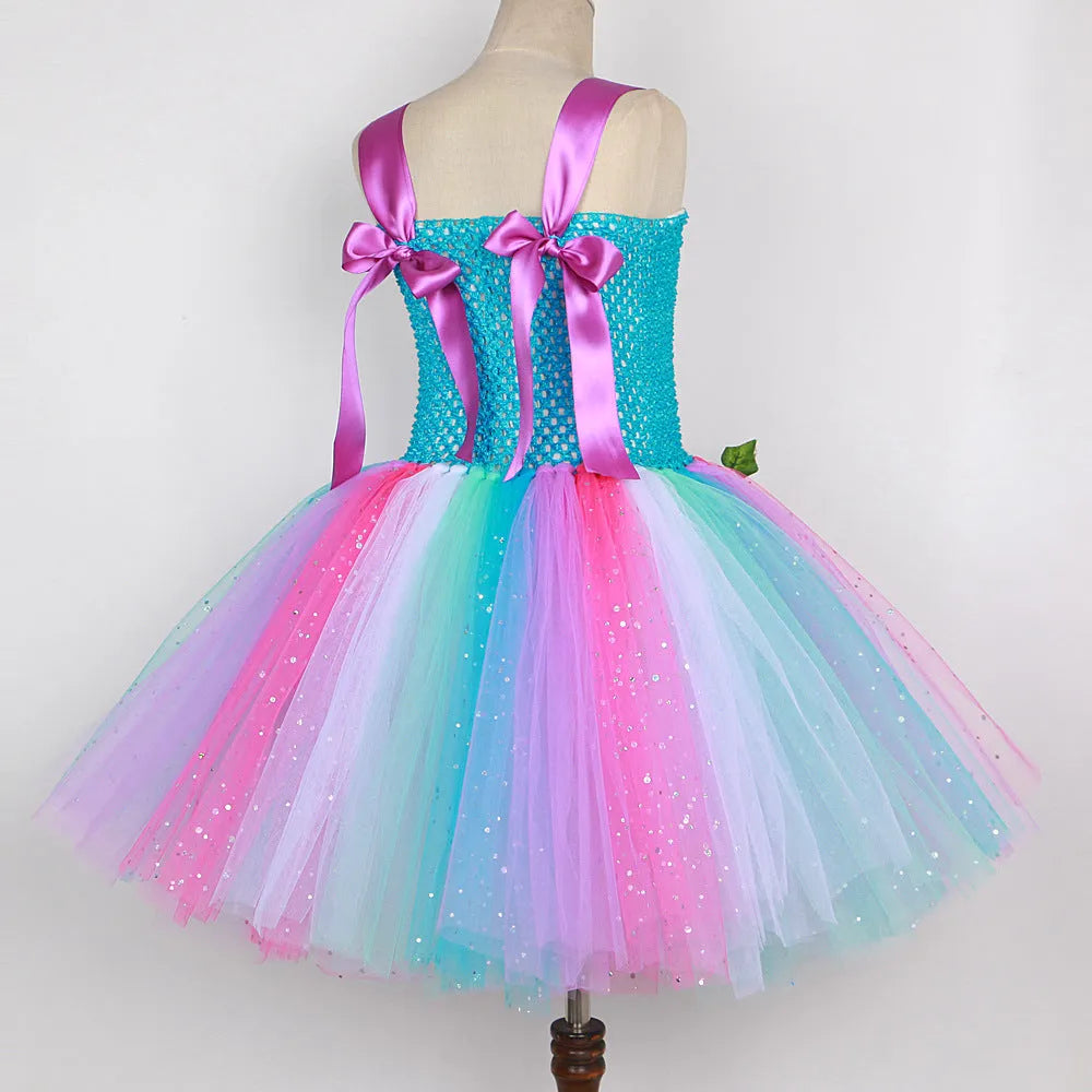 Girls sequined fairy dress with mesh tutu skirt, headband, wings, and magic wand in nylon, sizes S to 3XL