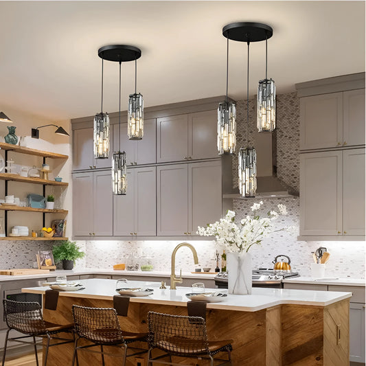 Industrial style crystal droplight with single LED head in black, gold, or chrome finish