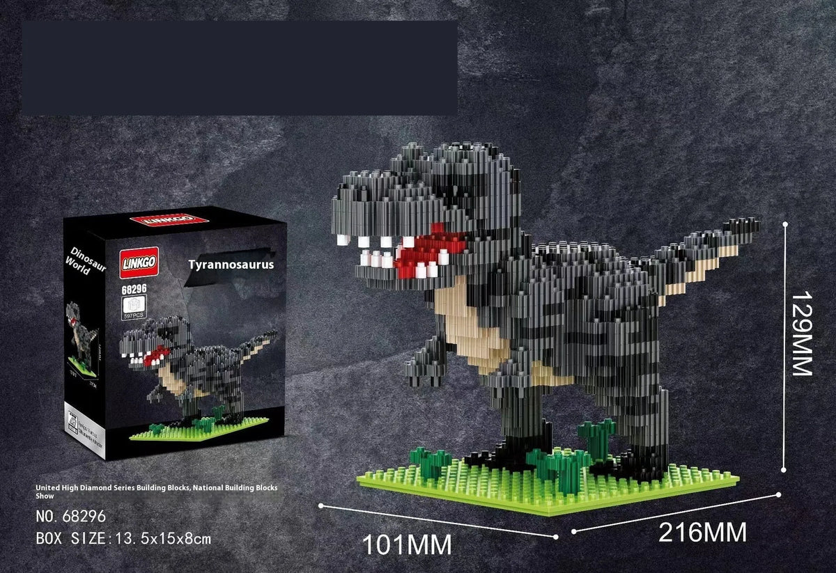 Dinosaur model assembly kit with small diamond plastic particles and colour box, available in 528 to 676 piece counts
