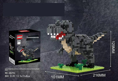 Dinosaur model assembly kit with small diamond plastic particles and colour box, available in 528 to 676 piece counts