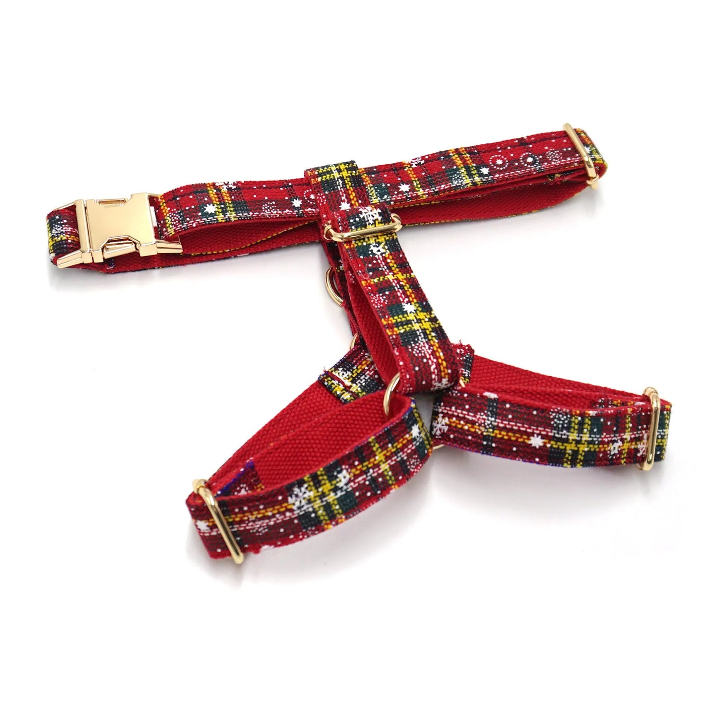 Red Christmas pet accessory set showing collar, traction rope, bowknot, harness and stool bag with laser design