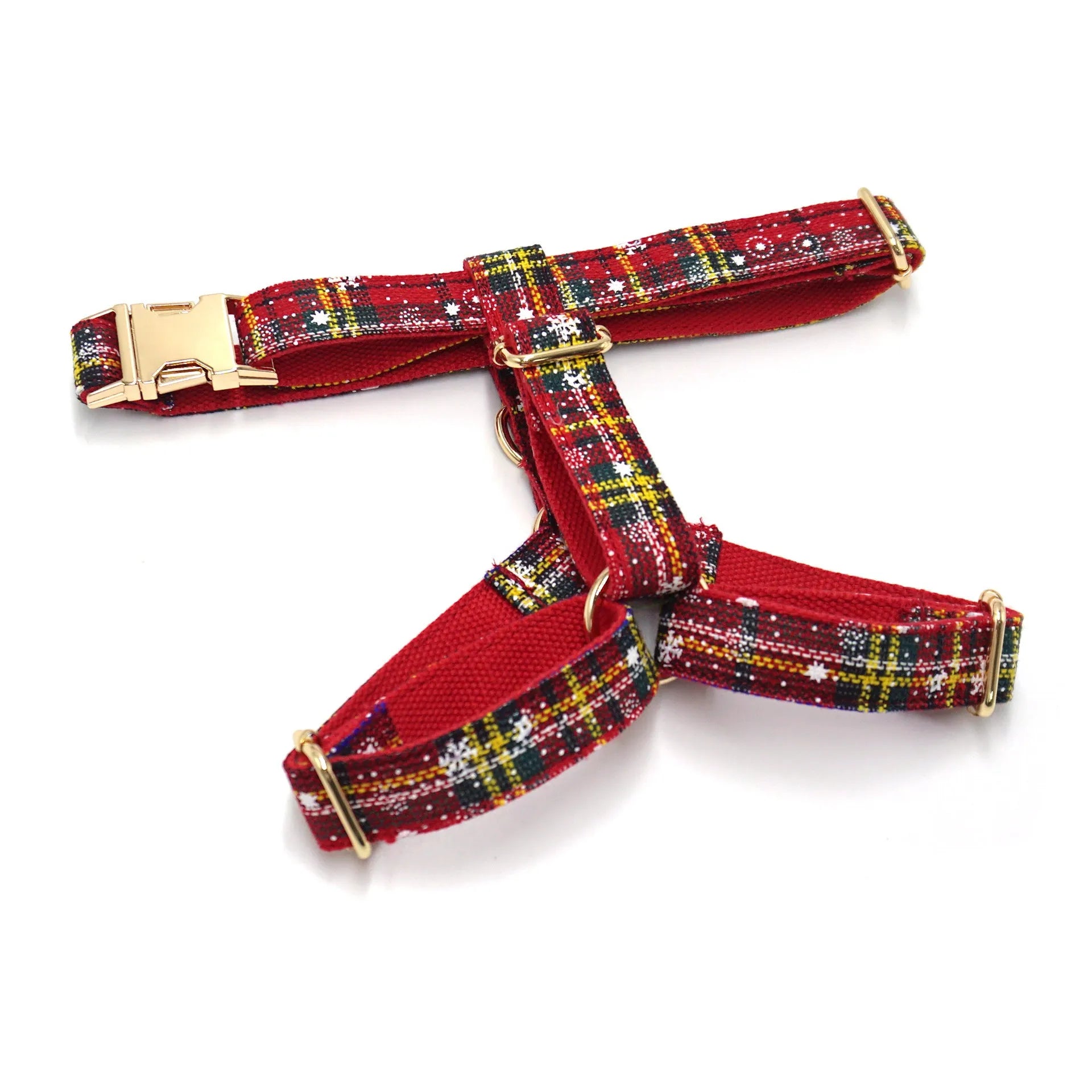 Red Christmas pet accessory set showing collar, traction rope, bowknot, harness and stool bag with laser design