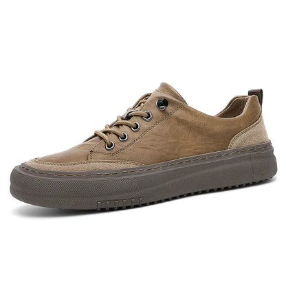 Men's black round toe leather board shoes with lace-up front and rubber sole