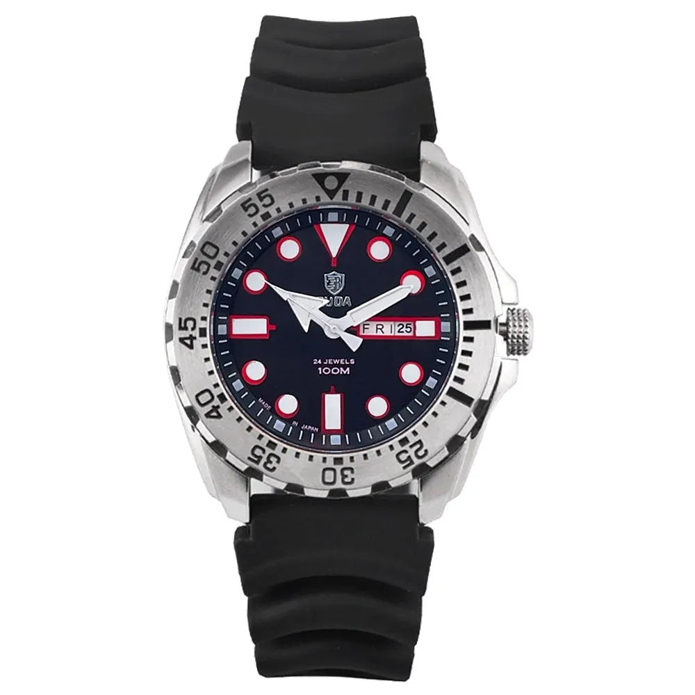 Men's waterproof luminous sports watch showing blue dial with steel strap option