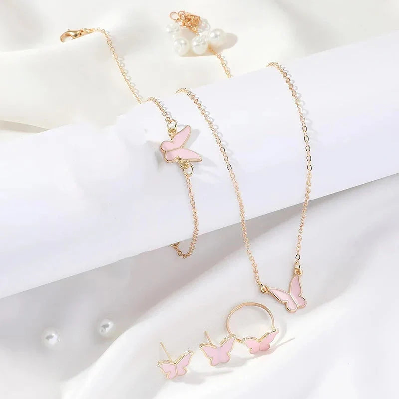 5-piece butterfly jewelry set for women, including necklace, earrings, ring, and bracelet