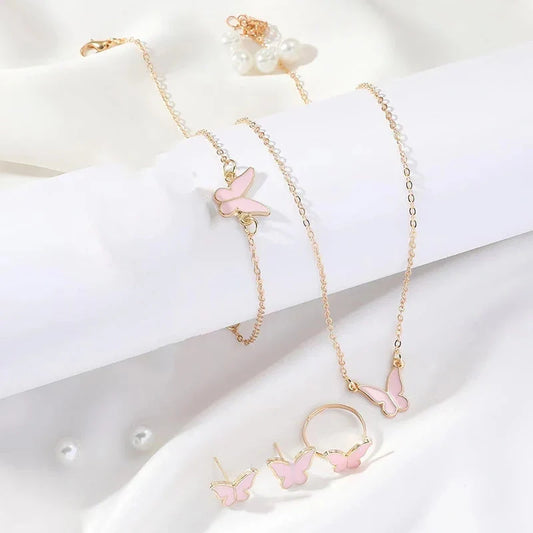 5-piece butterfly jewelry set for women, including necklace, earrings, ring, and bracelet
