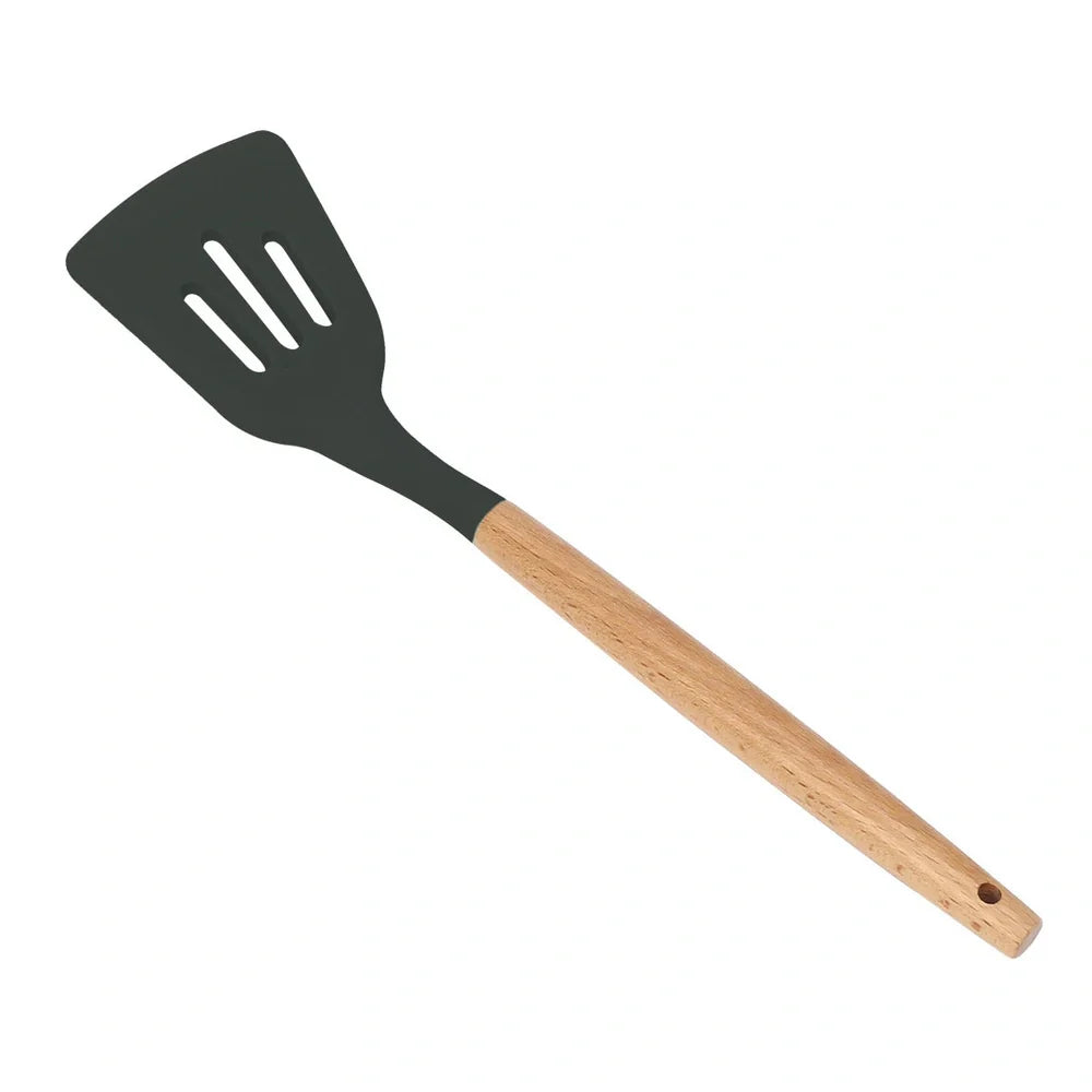Wooden handle silicone cooking utensils set with 12 tools including spatula, whisk and food tongs in organiser barrel