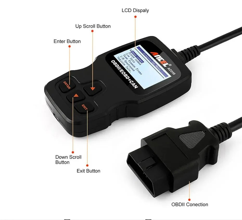 Black universal OBD2 auto scanner code reader with LCD display for car engine diagnostics