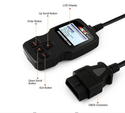 Black universal OBD2 auto scanner code reader with LCD display for car engine diagnostics