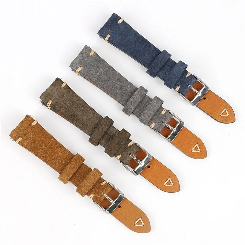 Suede leather watch strap in brown, blue, gray, or Army Green with 20mm or 22mm width options