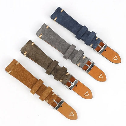 Suede leather watch strap in brown, blue, gray, or Army Green with 20mm or 22mm width options
