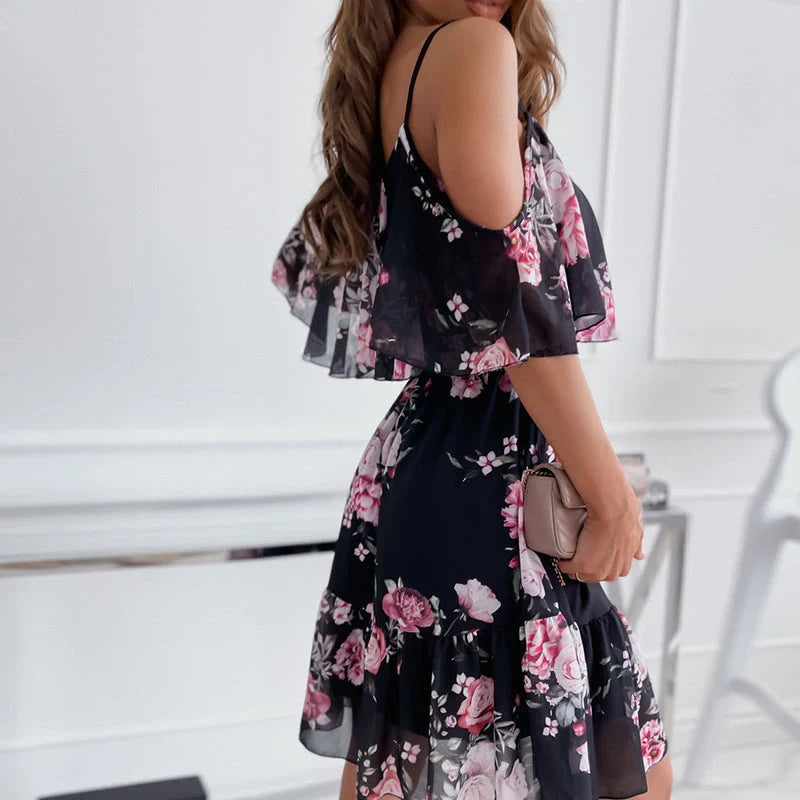 Women's flower printed ruffled suspender dress with off-the-shoulder strap in various colors