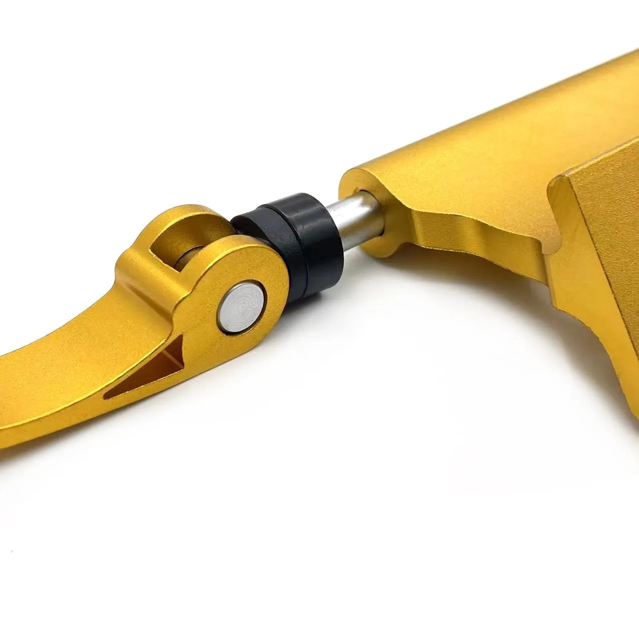Silver metal quick-release clamp for attaching a bicycle front fork to a vehicle rack.