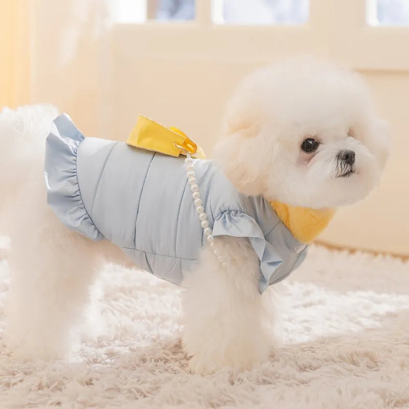 Small dog wearing blue princess skirt pet clothes with D-ring leash attachment, autumn winter fleece