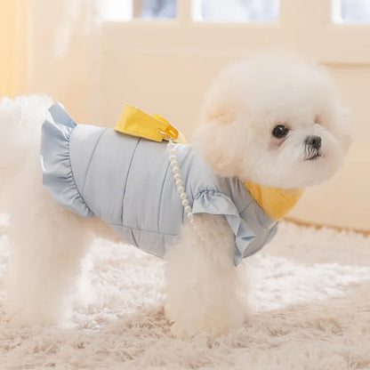 Small dog wearing blue princess skirt pet clothes with D-ring leash attachment, autumn winter fleece