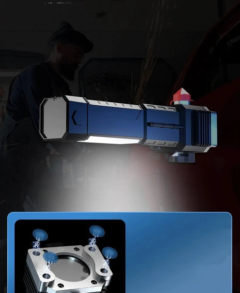 Silver portable LED flashlight with power bank functionality and IP44 water resistance rating