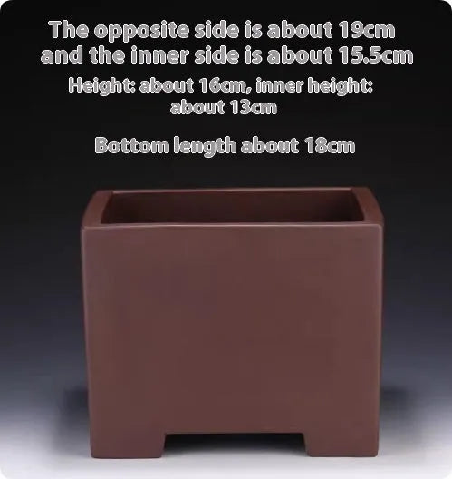 Square purple clay succulent bonsai pot with classical design on wooden table