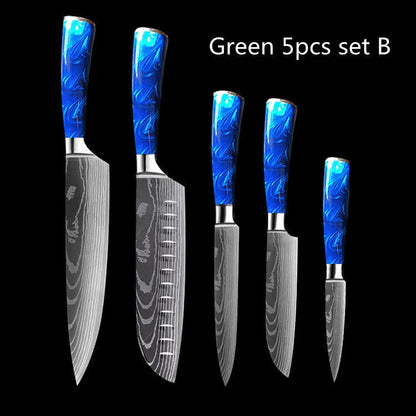 8-inch Chef Knife with vibrant blue resin handle, perfect for precision cutting in the kitchen.