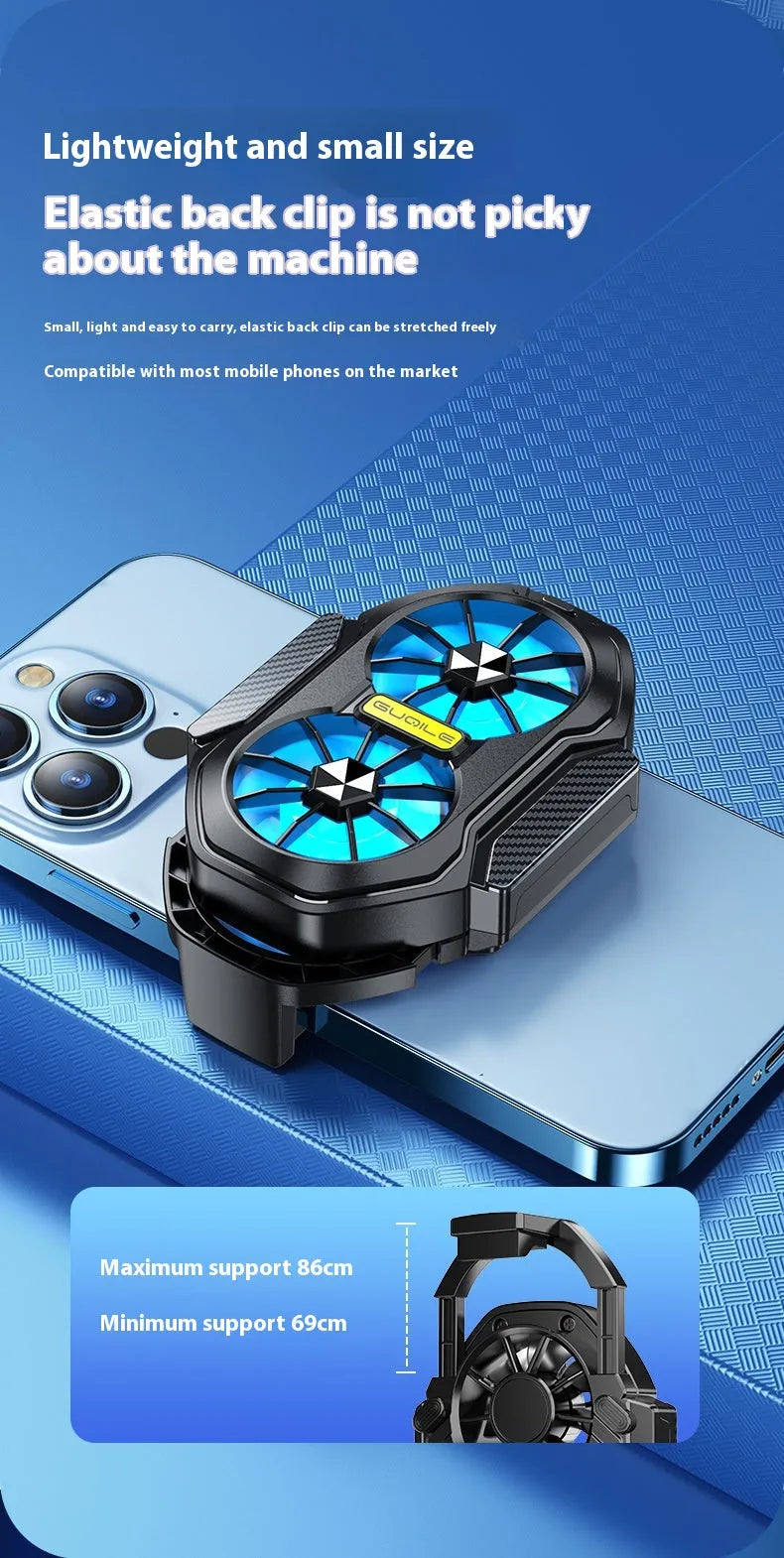FS01 twin fan air-cooled phone radiator with ABS body, Type-C cable, and red/green charging light