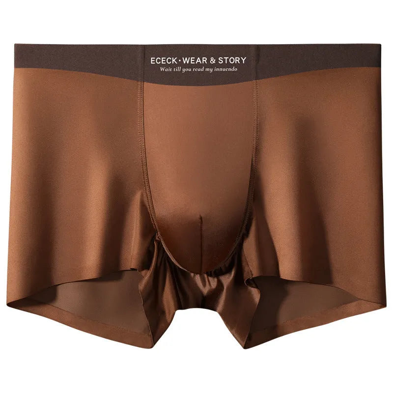 Men's colourblock Ice Silk seamless underwear in blue, brown, gray, and white on a size chart.